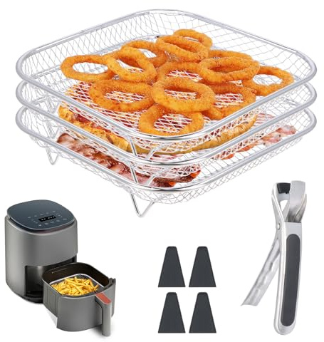 Dewocke 3-Layer Square Air Fryer Rack Set Including 4 Heighten Feet and Clip, 20cm Stainless Steel Air Fryer Accessories, Compatible with Ninja Speedi 5.7L, Cosori 5.5L, Tefal 6.5L etc
