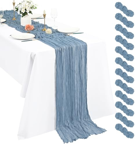 Pesonlook 12er Set Gaze-Tischläufer für Hochzeiten, 55 x 300 cm, Staubblau | Weiche Polyester-Gaze in Käsetuch-Optik mit lockerem Faltenwurf für Boho-Tischdeko, Geburtstage, Partys und Hochzeitsbögen