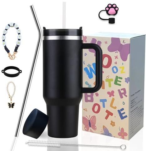 Sanilinwild 40 oz Tumbler Insulated Mug w/Straw & Flip Cap Lids - Cup Holder Bottle with 6 Accessories Set for Hot, Cold Drink - Leak-Proof - Water, Coffee Portable Travel Mug (Midnight Black)