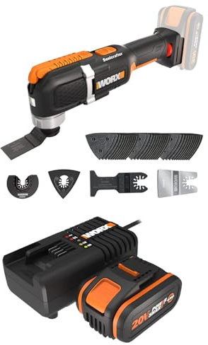 PACK WORX Outil oscillant multifonctions sans fil 20V WX696.9, Puissant 5000/6000 tr min, grand angle d'oscillation 3,6°, changement de lame facile, léger, 1 batterie 4Ah, chargeur rapide