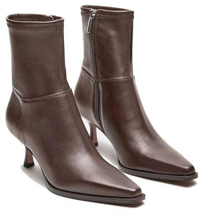 Goiphrri Ankle Boots for Women Stiletto High Heel Boot Pointed Toe Chocolate Short Booties Side Zipper Dress Kitten Heel Booties Elastic Fashion Trendy Fall Boots Size 8.5