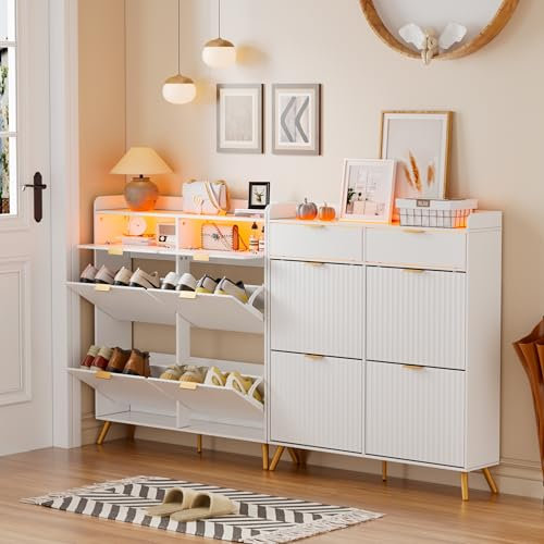 MSFE Schuhschrank Schmal mit 4 Klappen, LED Schuhschrank Weiß mit Glasarbeitsplatten und 20 Couleurs de Lumières, 117 * 106 * 24cm Schuhregal Schuhkipper für den Eingang, Flur, Wohnzimmer Weiß