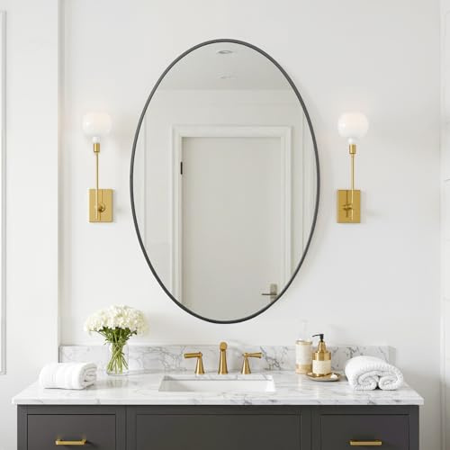 Reflix Ovaler Wandspiegel, 91 x 61 cm, Schwarz, Wandmontage, Badezimmer-Schminkspiegel für Wanddekoration, Schlafzimmer, Wohnzimmer, Eingangsbereich