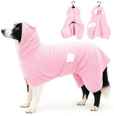 Fnaobai Peignoir de bain pour chien et chat super absorbant - Serviette de bain à capuche avec col réglable et sangle ventrale pour animaux de compagnie de XS à XL (rose, L)