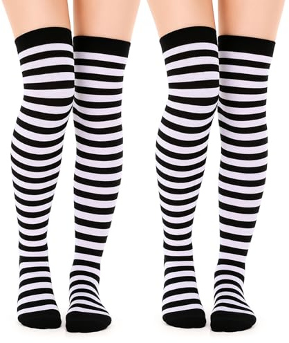 Lusofie 2 Paires Bas Rayés Femmes Au Dessus Genou Chaussettes Hautes pour Dames Longues Combinaisons Rayées Noir blanc Filles Vêtementscollants Longs à Rayures Grande Taille Femme Articles Noël Fête