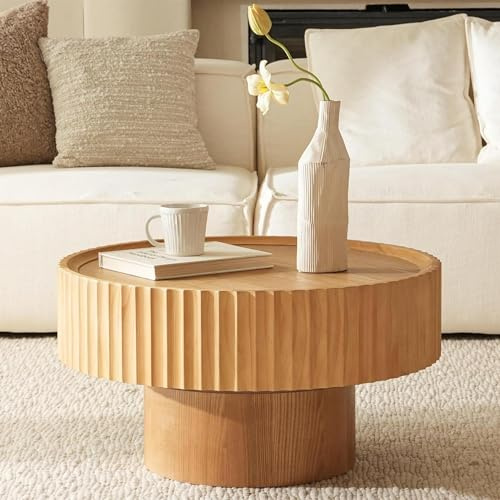 Cagnolier Couchtisch Rund Holz, Coffee Table mit Geriffeltem Design,70×38cm