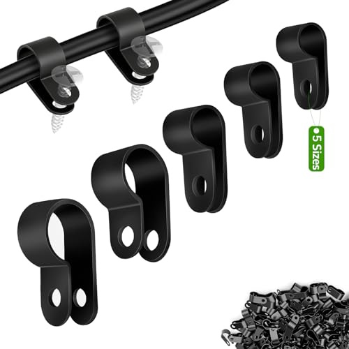 Senndio 250PCS Cable Clips, 5 Sizes P Clips, R Type Wire Clips, Nylon Clips for Cables for Wall, Desk, Home, Office & Holiday Christmas Light Decoration