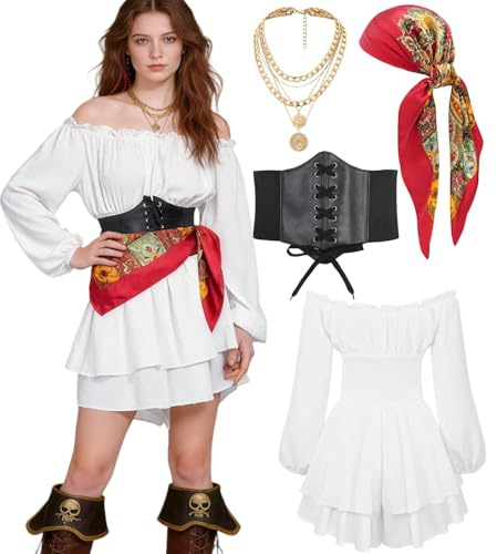 kasahara Jumpsuit piratdräkt damset medeltida sexig pirater off shoulder outfit med korsett huvudduk karneval full karnevalkostym festival outfit (vitt set, M)