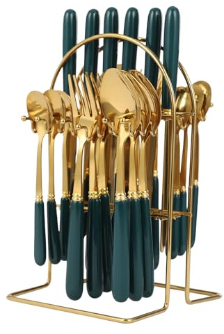 DunleyMin 24 Pieces Stainless Steel Dinner Cutlery Set with Stand, Knife Fork Spoon Hanging Flatware Set Mirror Polished Tableware Set for Family, Restaurants, Hotels (Gold+ Dark Green)