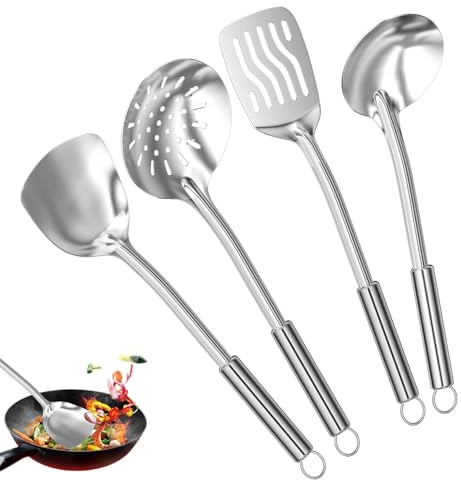 Ravytha 4 Piezas Set Utensilios de Cocina, Espatula Cocina Acero Inoxidable, Cucharones de Cocina, Juego de Utensilios de Cocina, Utensilios Cocina Acero Inoxidable, Paletas Cocina, Utiles de Cocina