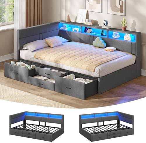AOGLLATI Polsterbett Schlafsofa 90x200, Einzelbett mit LED-Beleuchtung & Ladestation, Kinderbett 90 x 200 mit 4 Schubladen und Lattenrost,Jugendbett Tagesbett 90x200, Leinen,Dunkelgrau (ohne Matratze)