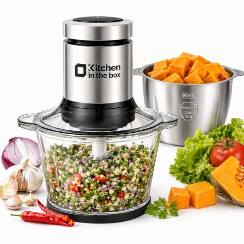 Kitchen in the box Zerkleinerer Küche Elektrisch, Multizerkleinerer Elektrisch 400W mit 2×2L Glas- & Edelstahlschüssel, 4 Edelstahlklingen, 2 Stufen, für Fleisch, Gemüse, Nüsse & Dips