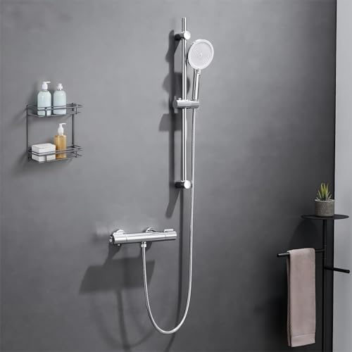 Auralum Duscharmatur mit Thermostat, Duschstange mit Handbrause Thermostat mit 38°C Sicherheitstaste, Mischbatterie Dusche Thermostat, Duscharmaturen Brausethermostat für die Dusche