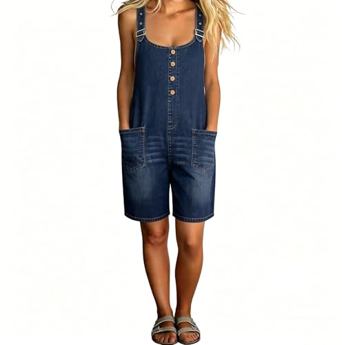 Generisch Mono de mujer de mezclilla, de una pieza, denim, de manga corta, estilo vintage, para el verano, de algodón, casual, playa, cómodo, versátil, romper, 01 azul., XXL
