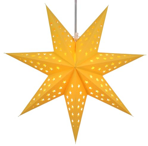 Faltbarer Advents Papierstern, 60 cm, hochwertig, Austrinus gelb | Handgefertigter Papierstern mit Silberbronze, stimmungsvolle Deko, TÜV geprüft, einfache Montage.