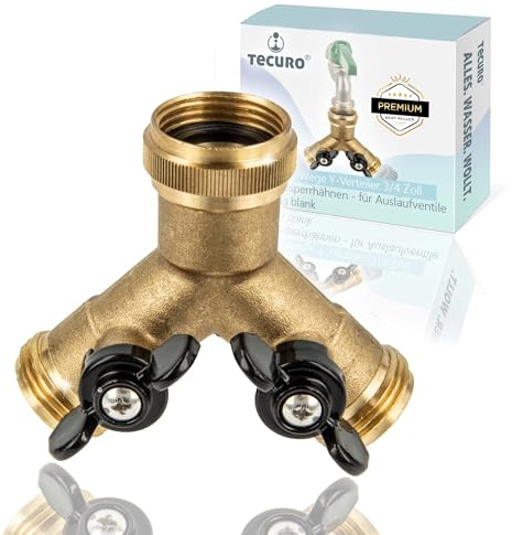 tecuro 2-Wege Y-Verteiler 3/4 Zoll mit 2 Absperrhähnen - für Auslaufventile Messing blank, Max. Betriebstemperatur von -20°C bis + 80°C