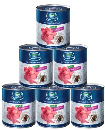 Dehner Premium Hundefutter, Nassfutter getreidefrei, für ausgewachsene Hunde, Rind / Lamm, 6 x 800 g Dose (4.8 kg)