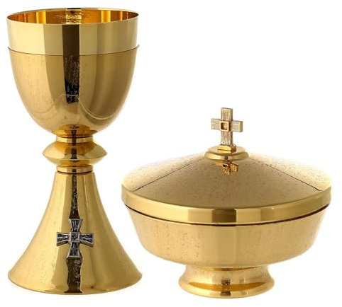 Holyart Calices Ciboires Patènes en métal: Calice et ciboire laiton cannelé doré avec croix argentée, Calice