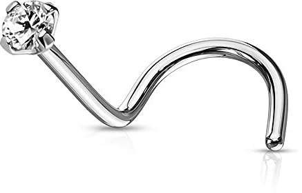 Monster Piercing - Nasenpiercing - Nasen-Stecker/Stab. Gebogen, Press Fit Spirale. 9 Karat Weissgold mit CZ Stein in verschiedenen Größen. Stabstärke: 20G (0,8 mm); Stablänge: 6 mm. Hypoallergen.