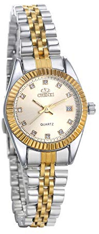 JewelryWe Paar Uhr Analog Quarz Kalender 30M Wasserdicht Partner Armbanduhr Edelstahl Armband Herren Damen Uhren mit Strass Zifferblatt