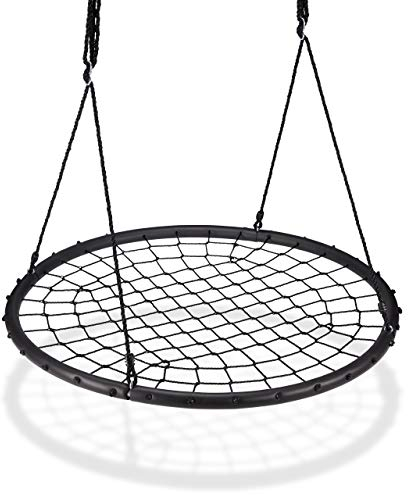 Relaxdays Nestschaukel mit Netz, Ø120cm, Garten Tellerschaukel für Kinder u. Erwachsene, bis 150kg, verstellbar, schwarz, H x D: ca. 4,5 x 120 cm