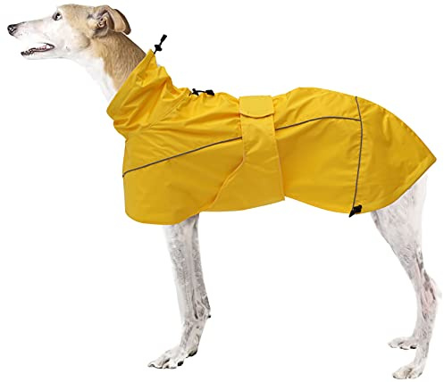 MOREZI Windhund-Regenmantel, regenfest/wasserdicht, hoher Bund mit verstellbarem Kordelzug und Hüftgurt, geeignet für Windhunde und ähnliche mittlere und große Jagdhunde-Gelb-XS