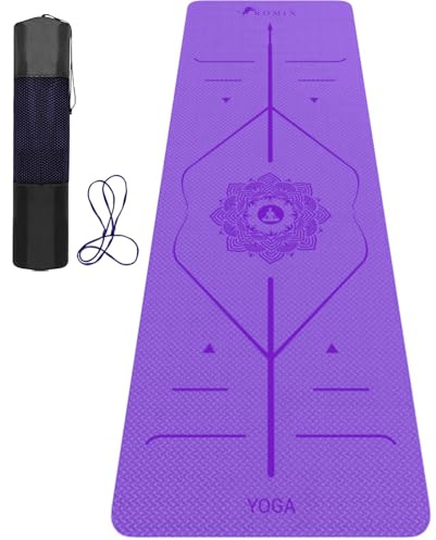 ROMIX Tapis Yoga Epais 6 mm avec Des Repères D’alignement du Corps, Antidérapant Tapis de Sport Fitness a La Maison, Premium Yoga Mat avec Sac, Idéal au Pilates et Fitness (Violet)