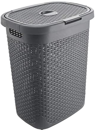 Addis Faux Rattan 50 Litre Family Laundry Clothes Washing Hamper Bin with Lid, Charcoal Grey