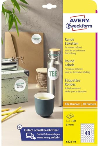 AVERY Zweckform 6223–10 runda etiketter (480 självhäftande prickar, Ø 30 mm på A4, runda klistermärken för tryck, självhäftande produktetiketter, permanent självhäftande syltetiketter) 10 ark, vit