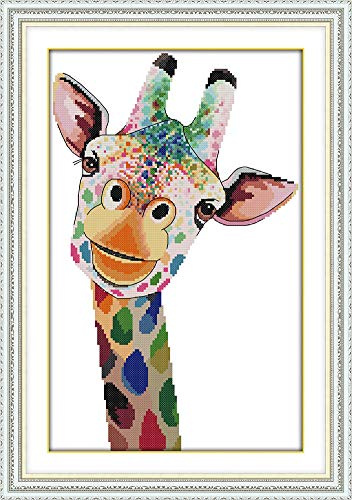 YEESAM ART Kreuzstich Set Vorgedruckt, Bunte Giraffe 11CT 36X52 cm DIY Kreuzstich Stickpackungen Vorgedruckt Sticken Set für Erwachsene Anfänger Über 14 Jahre