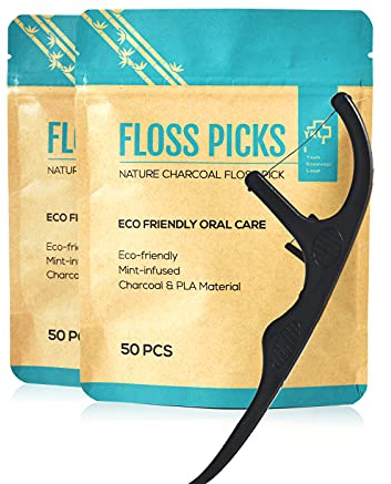 Y-Kelin Natural Dental Floss Picks - Vegan, Eco Friendly Black Bamboo Charcoal Dental Teeth Stick Tooth Pick Toothpick Flosser for Oral Care with a Fresh Feel Minty Flavor (100 Pcs)
