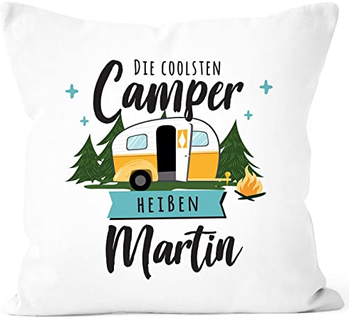 SpecialMe® Kissen-Bezug Camping Wohnmobil personalisiert mit Namen persönliche Geschenke für Camper weiß 40cm x 40cm