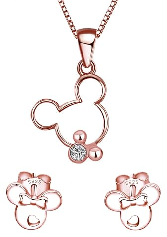baobei Kaguyo-Schmucksets für Damen, rosévergoldete Halskette mit Mickey-Mouse-Anhänger aus Sterlingsilber mit klarem Zirkonia und kleinen Minnie-Mouse-Ohrsteckern, Schmuckset für Damen und Mädchen