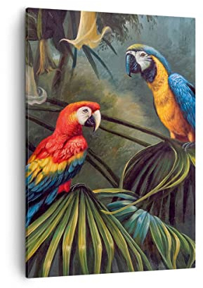 ARTTOR Bilder auf Leinwand 50x70 cm Wandbild Botanik Natur - 4780 | Ara Papageien Palme Vertikal Klein Wanddekoration Wohnzimmer Schlafzimmer Wandkunst Wanddeko Wand Kunstdruck Küche ARTTOR