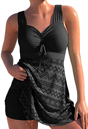 Lovache Women's Swimdress with Shorts Crochet Hollow Out 2 Pieces Swimsuit Criss Cross Back Tankini Sets Black