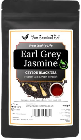 Earl Grey Jasmine (100g) Premium Black Loose Leaf Tea with Real Bergamot Oil, Aromatic Tasty Floral Full-Bodied Unique Invigorating Delicate Fragrant in Resealable Pouch