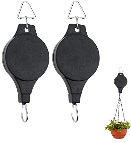 Hanging Basket Pulley, Plant Hook Pulley Easy Reach Hanging Flower Retractable Plant Hanger Basket for Garden Hanging Baskets Pots Birds Feeder 2PCS Black