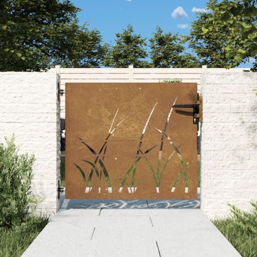 Homgoday Garden Gate, Metal Gate, Garden Door, Garden Gate, Fence Door, Yard Gate, Entrance Gate, Single Gate, Double Gate, Garden Fence, Gate, 85 x 75 cm, Corten Steel, Grass Design