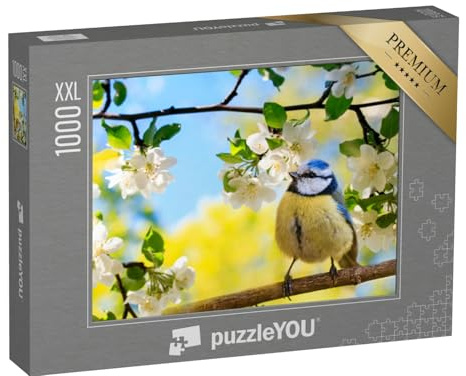 Puzzle 1000 Teile XXL „Frühling: Blaumeise sitzt auf einem Zweig eines blühenden Apfelbaums“ – aus der Puzzle-Kollektion Vögel