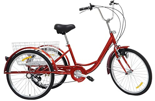 Begoniape 24 Zoll 6 Gang Dreirad für Erwachsene Senioren, 3 Rad Fahrrad aus Kohlenstoffstahl, Rot Dreirad Tricycle mit Weiß Korb, Aluminium-Legierung, 110kg Tragfähigkeit