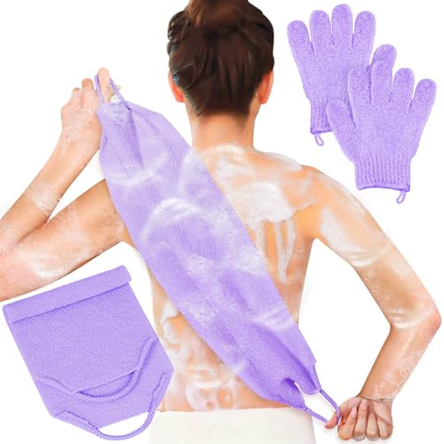 Anezus Peeling-Rückenschrubber & Duschhandschuhe-Set, Rückenreiniger mit Peeling-Duschtuch (lila)
