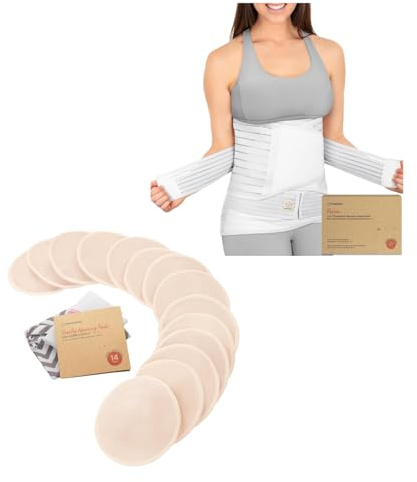 KeaBabies 3 in 1 Postpartum Belly Support Recovery Wrap and Bamboo Viscose Nursing Breast Pads - Postpartum Belly Band - 14 Washable Pads + Wash Bag