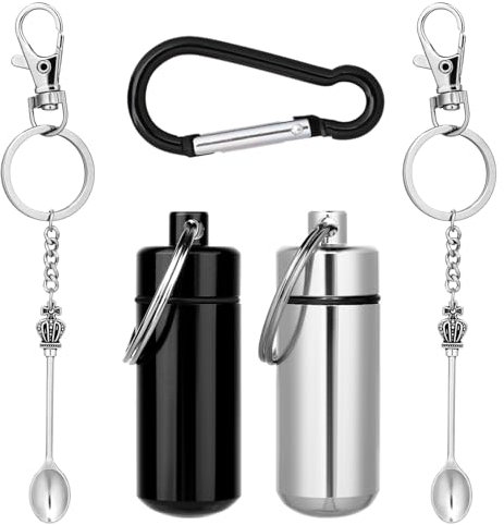 Molain 2 Pack Pillendose Schlüsselanhänger, Pillenbox Schlüsselanhänger, Tragbare Aluminium Pillenbox mit Löffel Wasserdichte Pillenhalter Tablettendose Organizer für Outdoor Camping Wandern Reisen