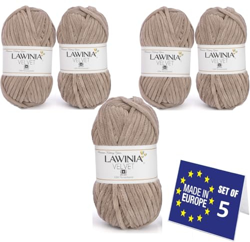 LAWINIA Lot de 5 pelotes de fil chenille doux de qualité supérieure pour tricot, velours épais, ne perd pas ses poils - Laine épaisse au crochet - Laine moelleuse pour couverture de bébé, sac