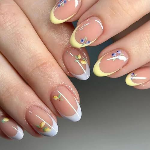 Ceboic 24Pcs French Tip False Nails Short Almond, Acrylic Press on Nails Full Cover Fake Nails with Fruit Design, Removable Stick on Nail for Women and Girls Nail Art Decoration