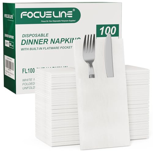 FOCUSLINE 100 Count Disposable Cloth-Like Napkins, Built-in Flatware Pocket, Prefolded Linen Feel White Napkins