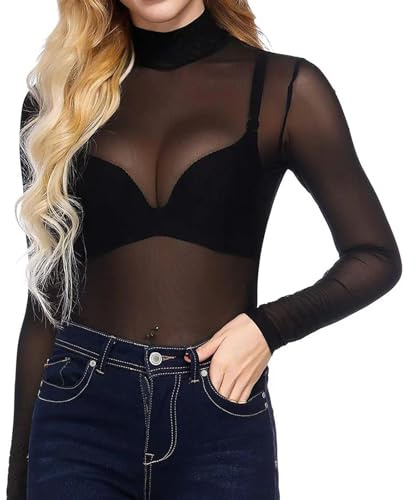 JSTHHTT Women Mesh Tops Long Sleeve, Blouse Tee See Through, Sexy Long Sleeve Sheer Mesh Top, Slim Fit T Shirt Transparent, Stretchy Sheer Black See-Through T-Shirt Tops for Party Clubwear