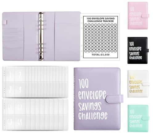 AMONENZ Lila Budget Binder, A5 Ringbuch Sparchallenge Budgetplaner | Leder Budgetplaner A5, Sparplaner mit 100 Umschlägen, für Zuhause, Schule Und Büro