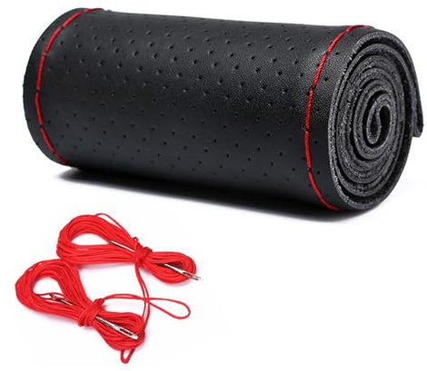 DIY Lenkradbezug Leder,Autos Lenkradhülle mit Nadel und Faden, Lenkradschutz 36-40cm, Anti Rutsch,Autos Innenzubehör(B-Schwarze,Rote Linie,40cm)