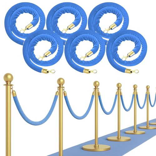 6PCS Light Blue Velvet Rope 5FT – VIP Rope Blue for Events Crowd Control & Event Decor Elegant Safety Divider for Parties Weddings Red Carpet Business Entrances
